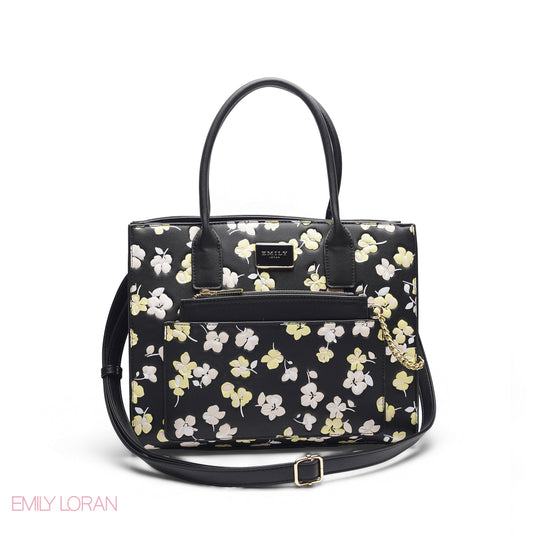 BLACK FLORAL TOTE WITH BLACK POUCH - LARGE