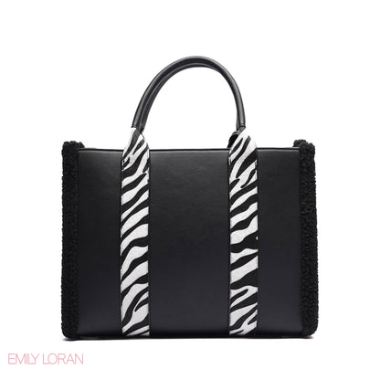 ELEGANT ZEBRA PRINT TOTE BAG WITH FLOWER CHARM - LARGE