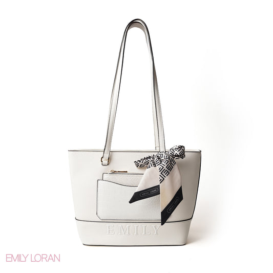 WHITE LEATHER SHOULDERS BAG WITH LOGO EMILY ACCENT, SCARF - LARGE