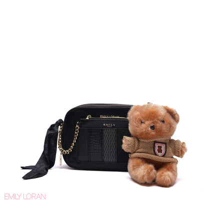 STYLISH PATCHWORK CAMERA BAG SET WITH PLUSH TEDDY CHARM