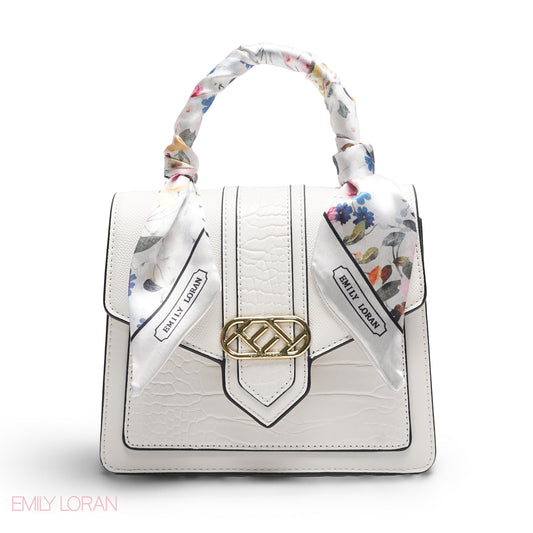 SOLID WHITE SATCHEL WITH FLORAL SCARF