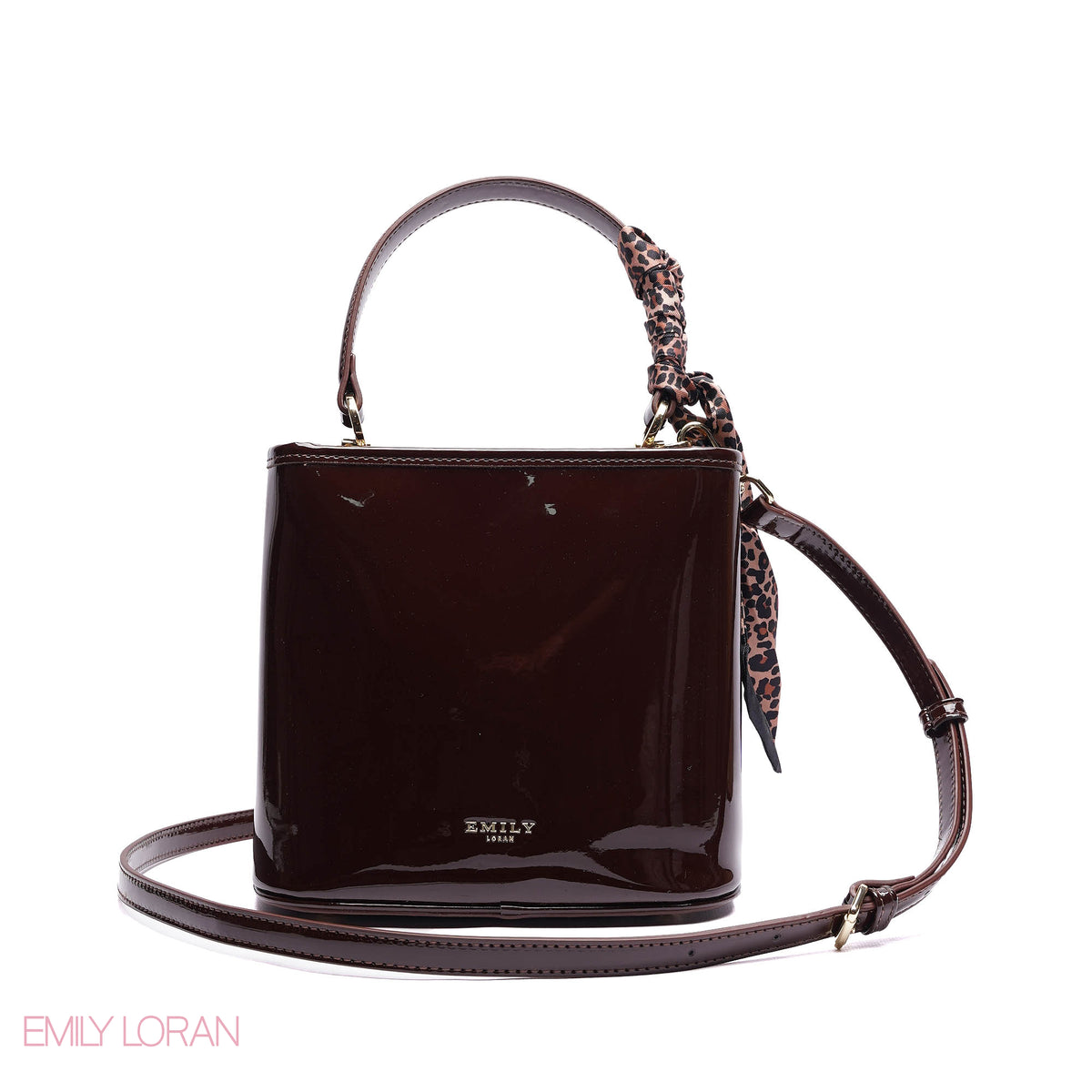 ELEGANT PATENT SUEDE BUCKET BAG WITH LEOPARD SCARF - SMALL