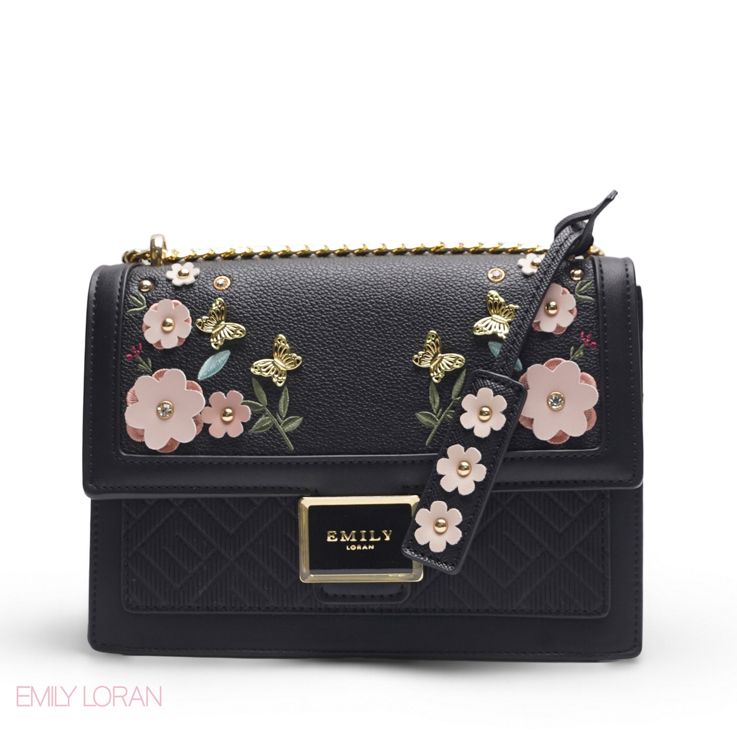 EMILY 3D FLORAL APPLIQUÉ CROSSBODY BAG - SOLID BLACK