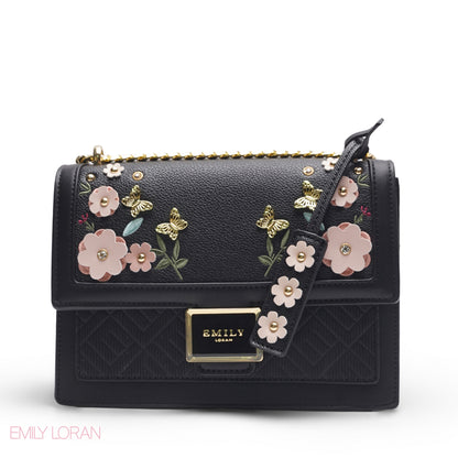 EMILY 3D FLORAL APPLIQUÉ CROSSBODY BAG - SOLID BLACK