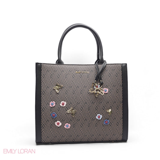 BLACK SQUARE TOTE WITH FLORAL APPLIQUÉS - LARGE