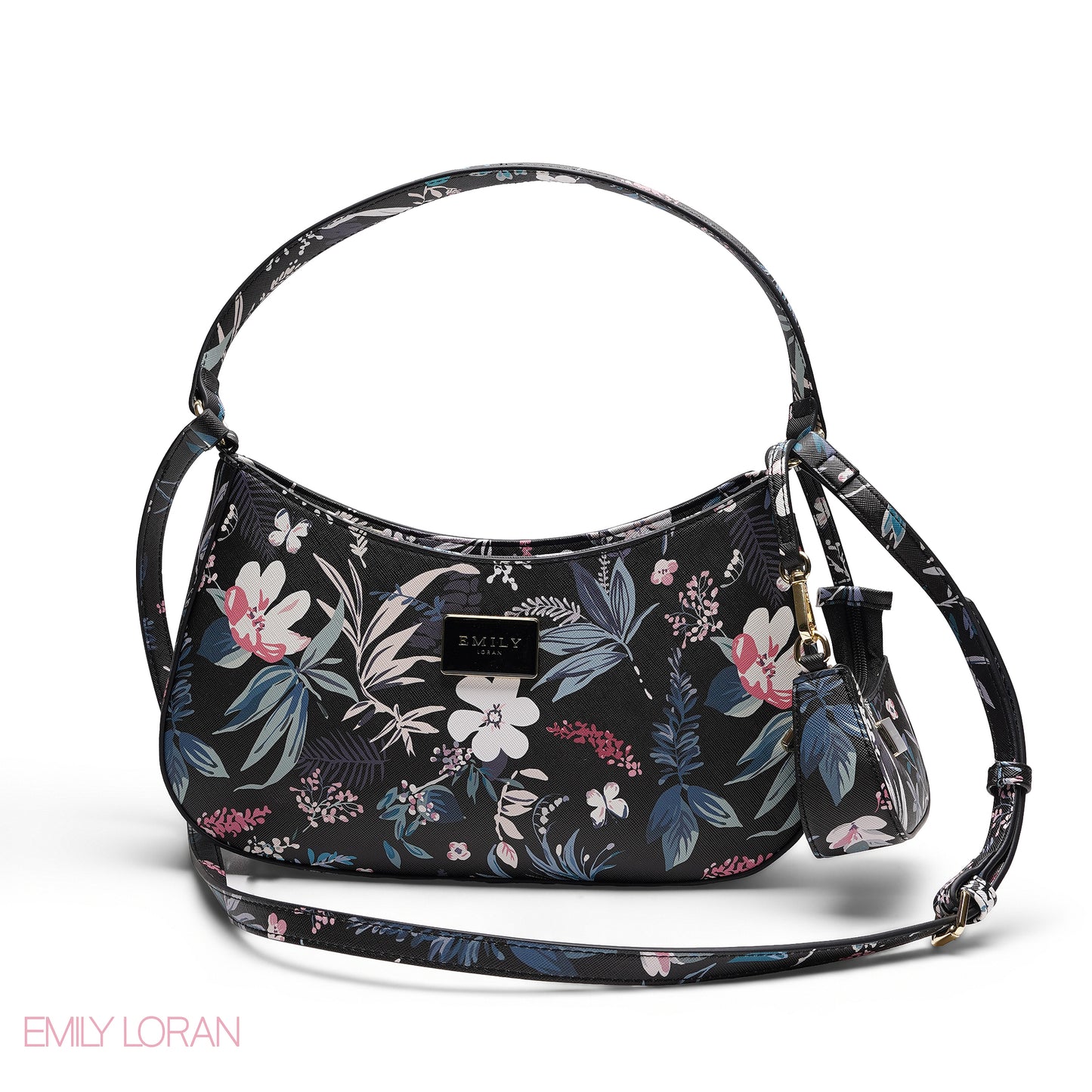 BLACK FLORAL SHOULDER HOBO BAG WITH MINI BAG