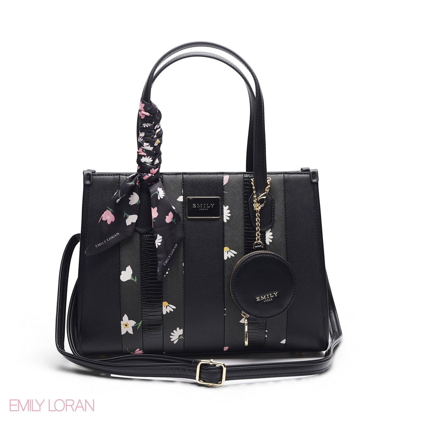 BLACK FLORAL TOTE WITH CIRCULAR POUCH - LARGE