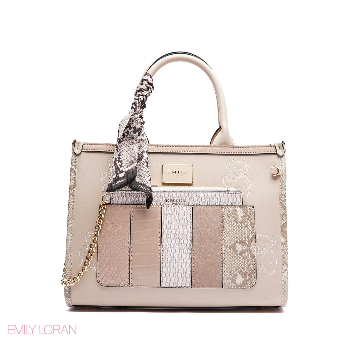 STRUCTURED TOTE BAG ADJUSTABLE SHOULDER STRAP WITH POUCH AND SCARF - MEDIUM