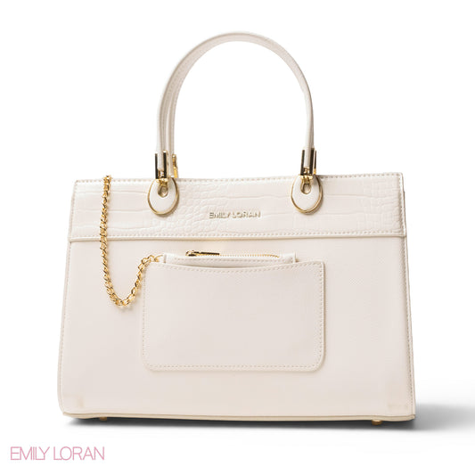 WHITE LEATHER SMOOTH HANDBAG WITH CROC DETAILS-LARGE
