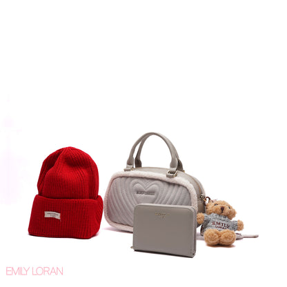 ELEGANT QUILTED HEART BAG SET WITH WALLET AND BEANIE