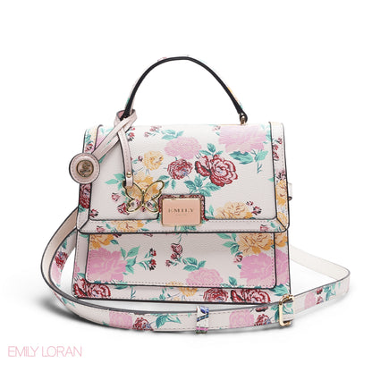 EMILY WHITE FLORAL SATCHEL BAG WITH BUTTERFLY CHARM - MED