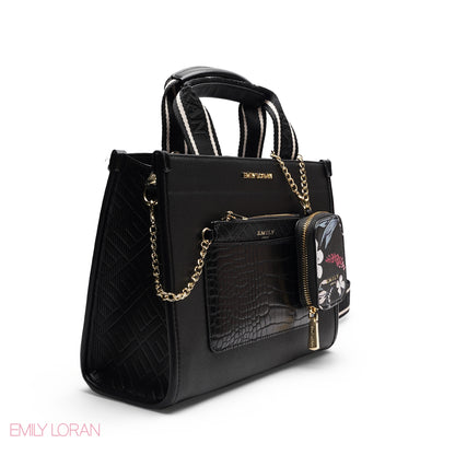 STRUCTURED BAG WITH BRANDED HANDLES AND FLORAL POUCH
