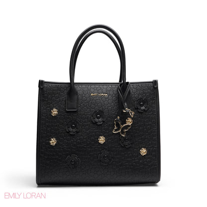 EMBOSSED METALLIC FLORAL TOP HANDLE TOTE BAG - LARGE