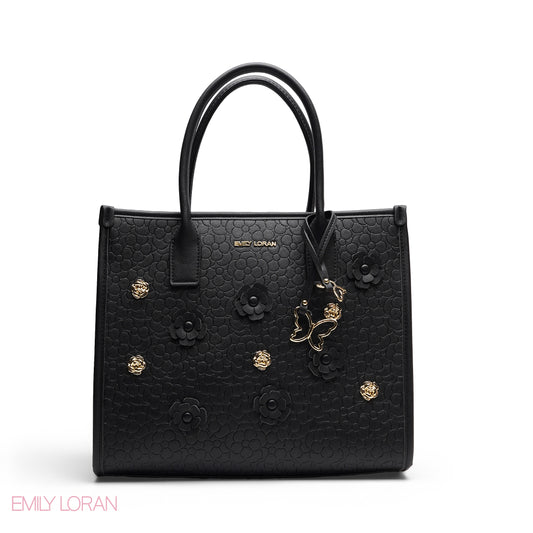EMBOSSED METALLIC FLORAL TOP HANDLE TOTE BAG - LARGE