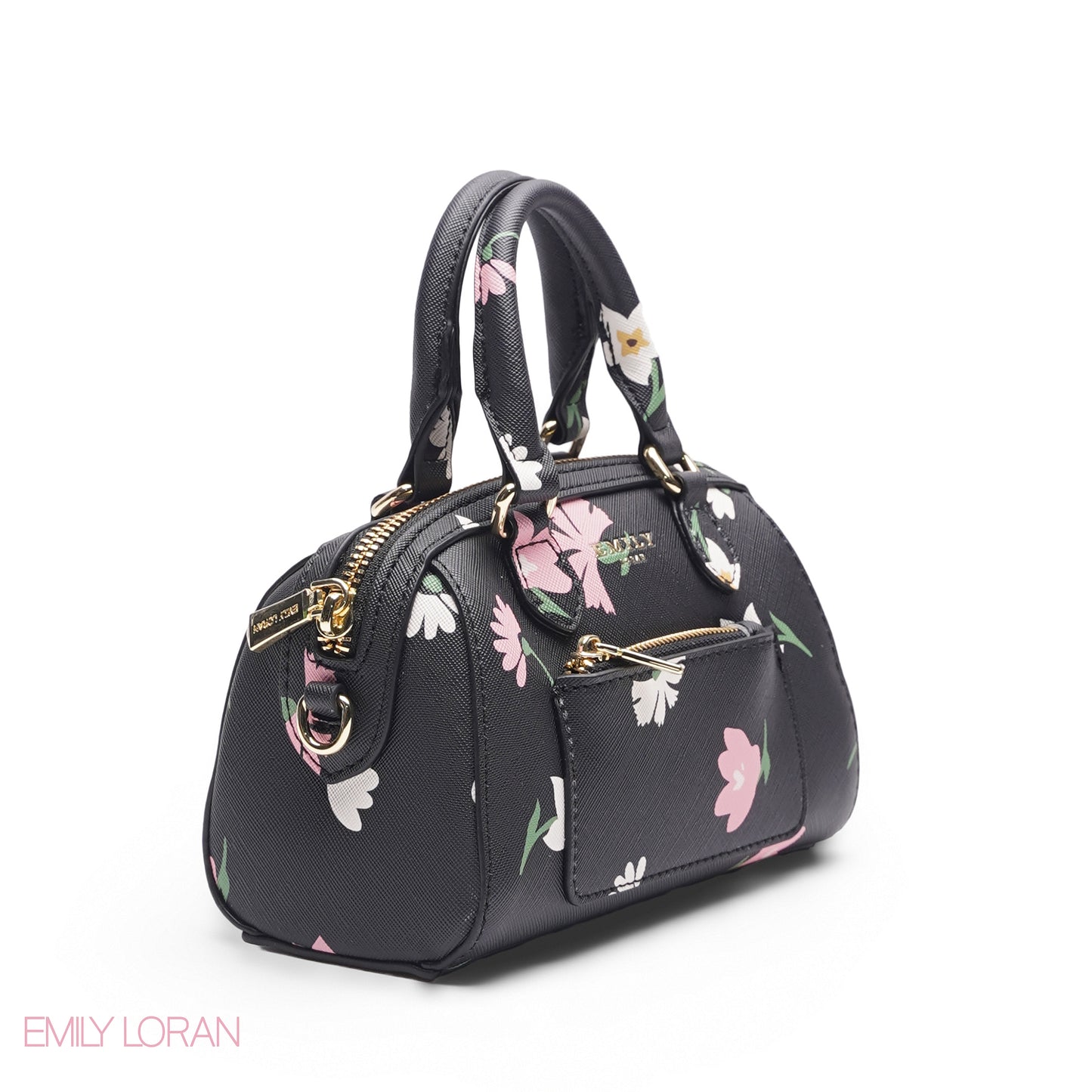 MINI BLACK FLORAL BAG WITH FRONT POUCH & GOLD METAL STRAP
