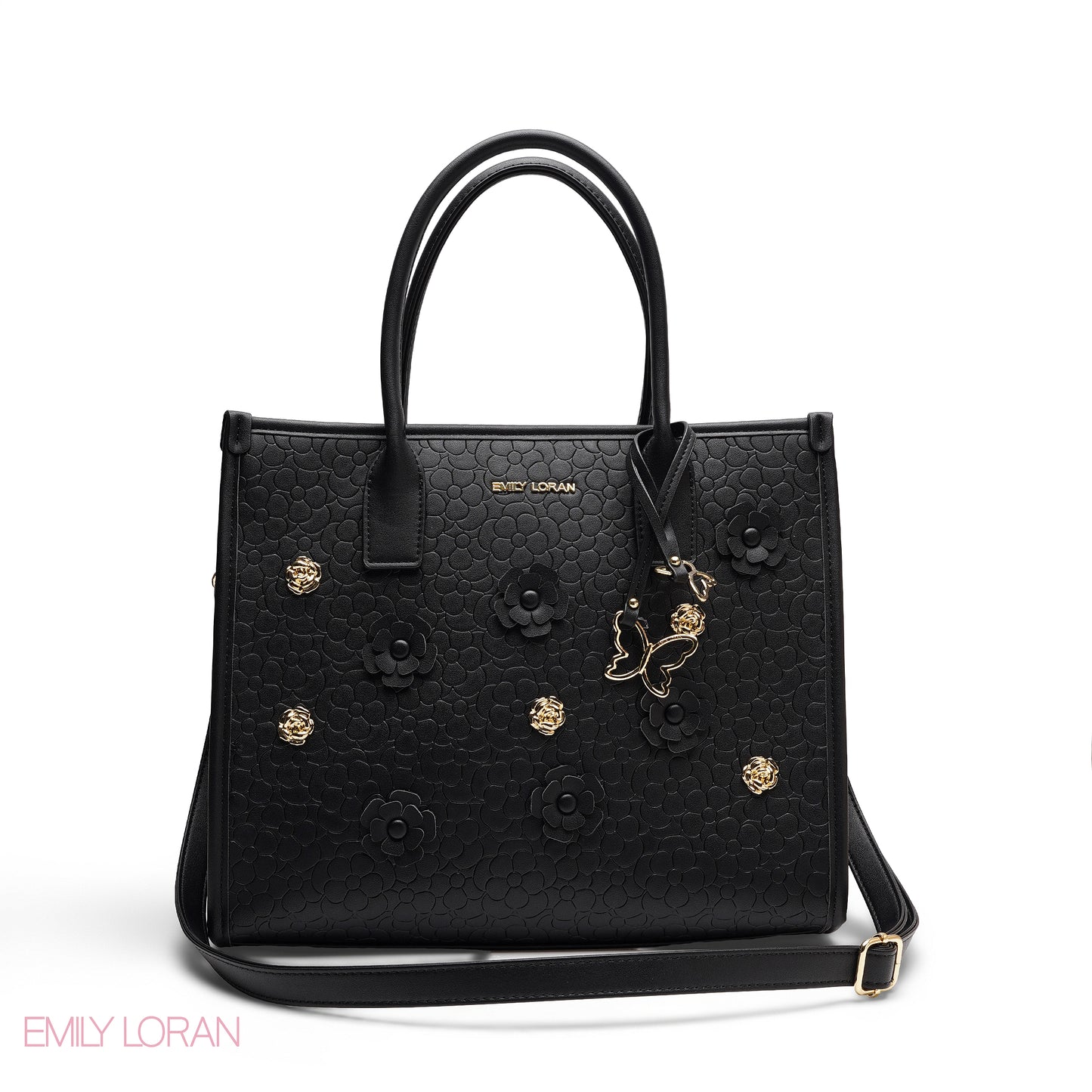 EMBOSSED METALLIC FLORAL TOP HANDLE TOTE BAG - LARGE