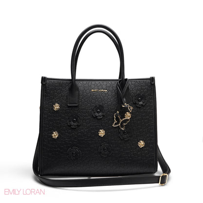 EMBOSSED METALLIC FLORAL TOP HANDLE TOTE BAG - LARGE