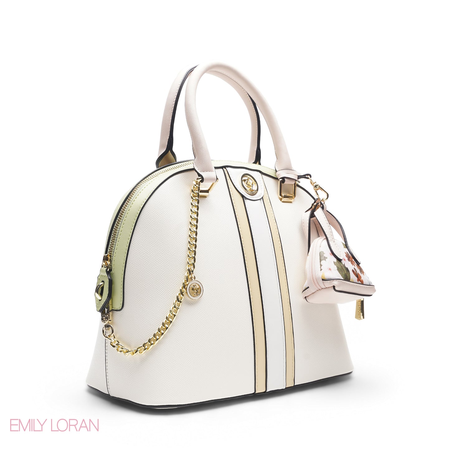 WHITE & YELLOW DOME BAG WITH PINK FLORAL PRINT - LARGE