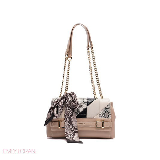 ELEGANT LEATHER SHOULDER BAG  WITH SCARF CHAIN STRAP - SMALL