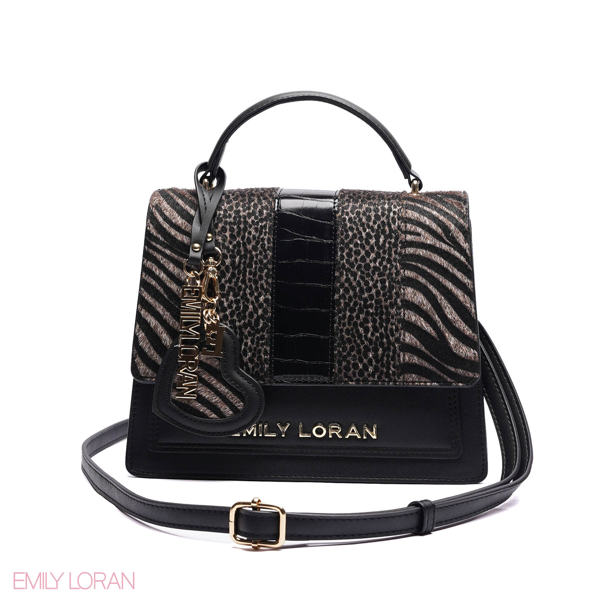 ELEGANT MIXED TEXTURE TOP HANDLE BAG WITH HEART CHARM - MEDIUM
