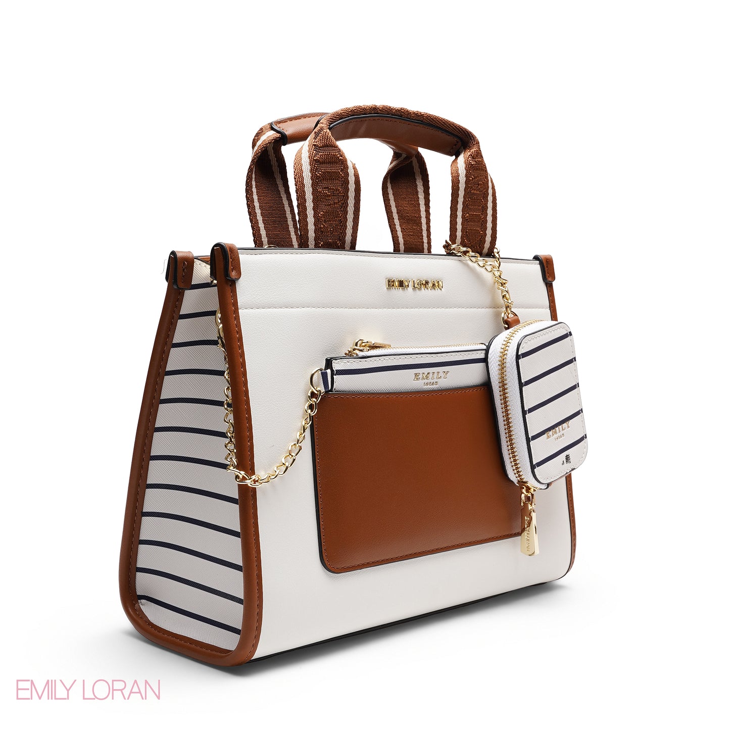 STRUCTURED BAG WITH BRANDED HANDLES AND STRIPPED POUCH