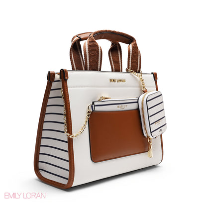 STRUCTURED BAG WITH BRANDED HANDLES AND STRIPPED POUCH