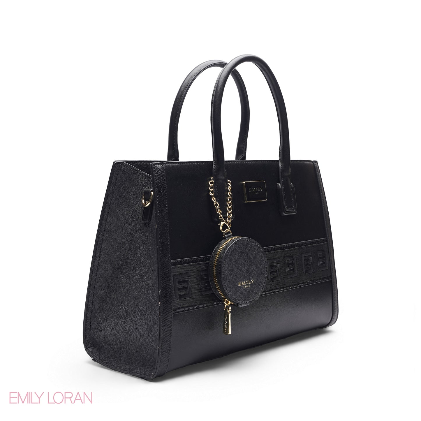 BLACK SOLID TOTE WITH STRAP & ROUND POUCH - LARGE