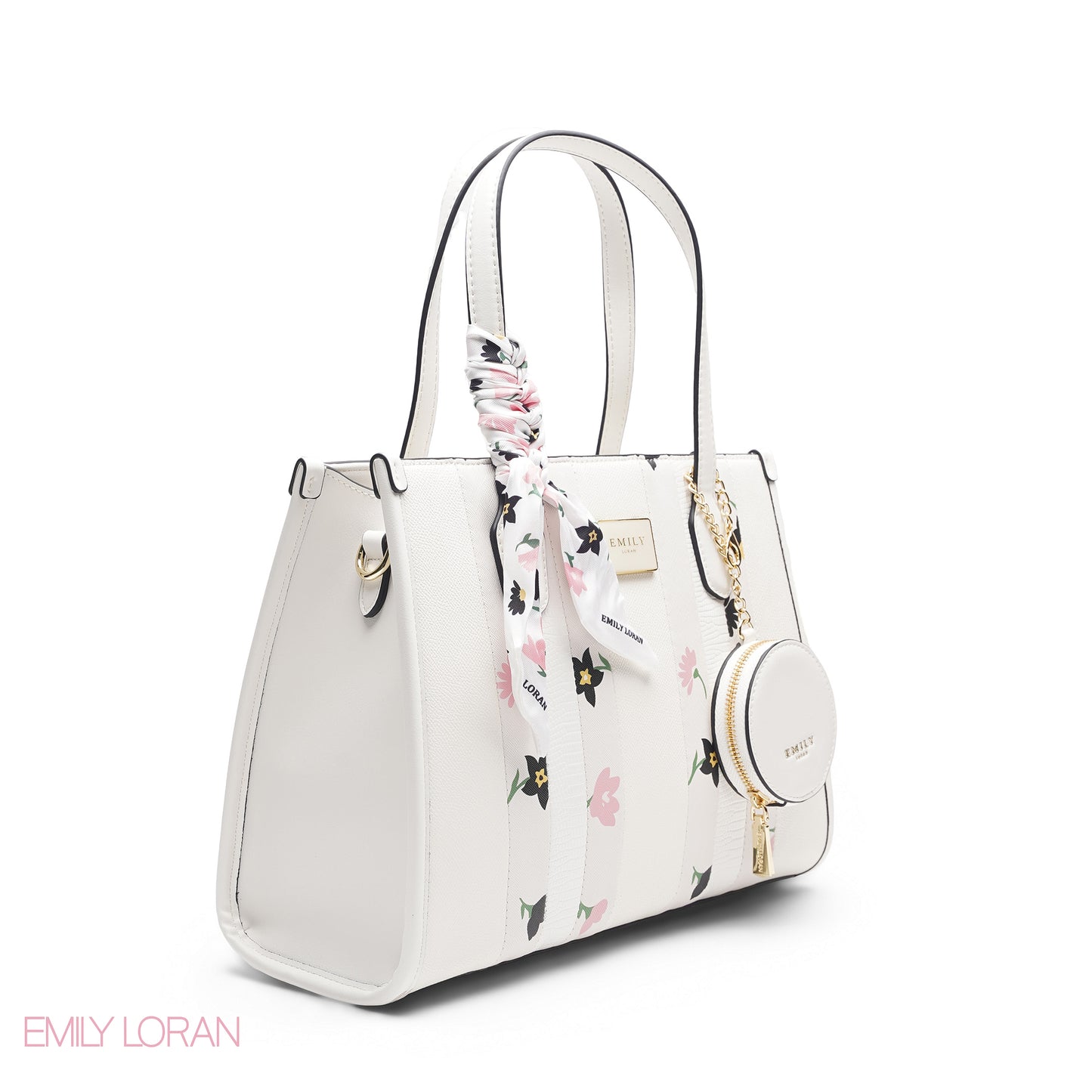 WHITE FLORAL TOTE WITH CIRCULAR POUCH - LARGE