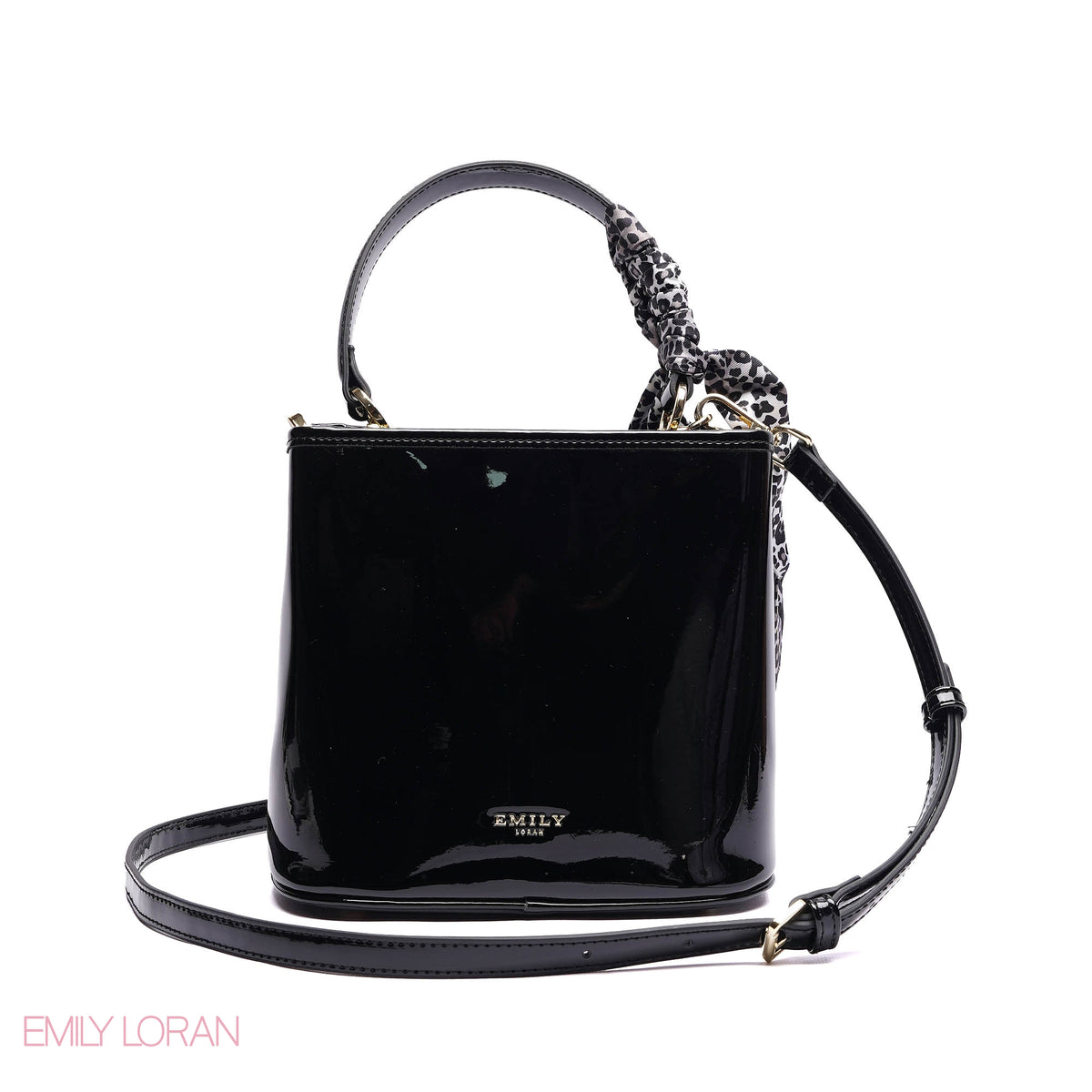 ELEGANT PATENT SUEDE BUCKET BAG WITH LEOPARD SCARF - SMALL