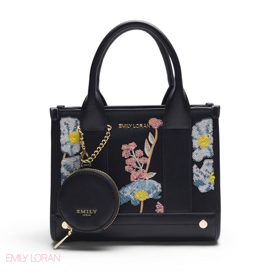 BLACK SEQUIN FLORAL TOTE WITH ROUND POUCH