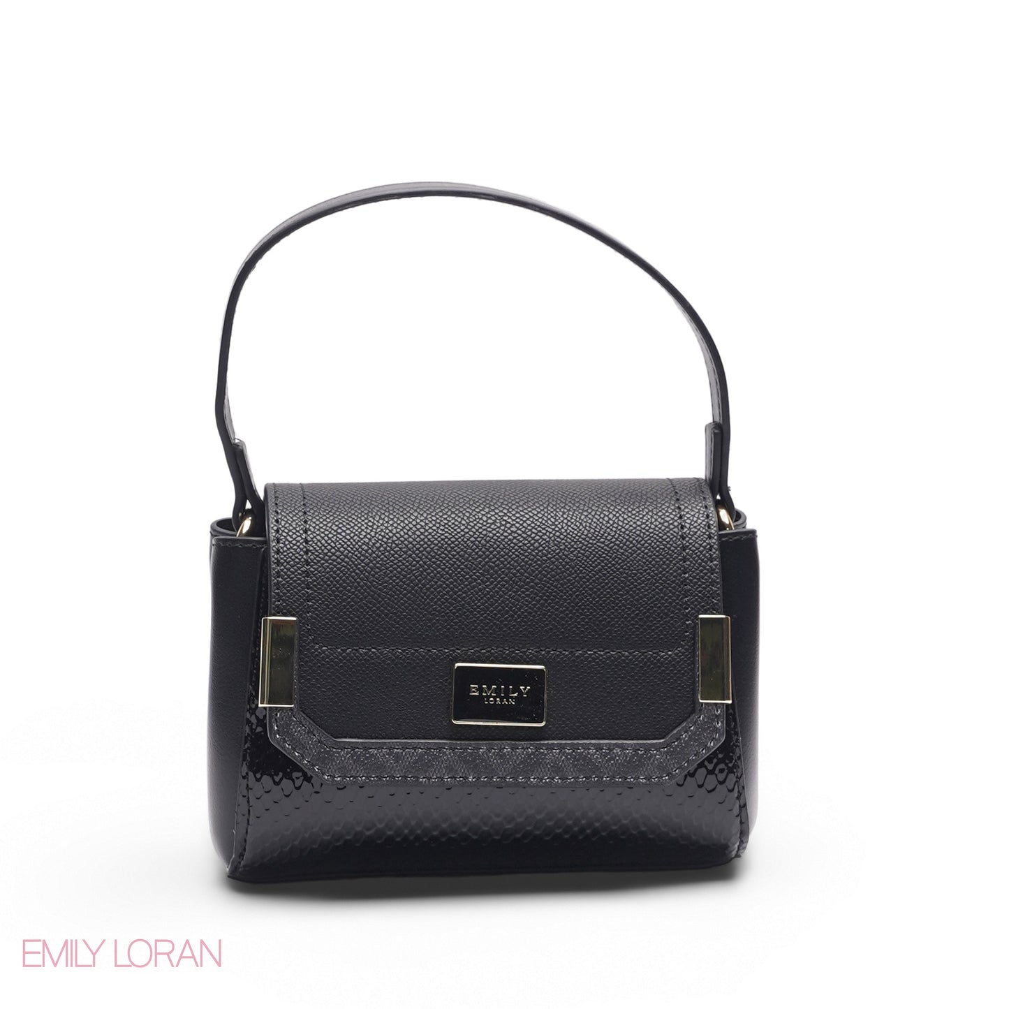 MINI BLACK SOLID FLAP BAG WITH GOLD METAL STRAP