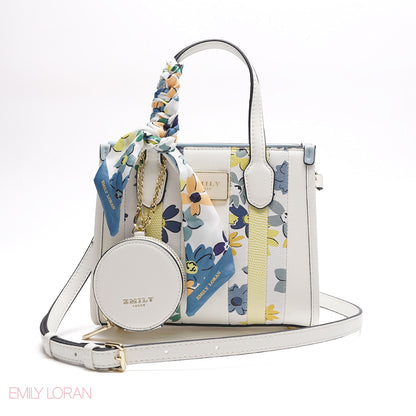 WHITE FLORAL TOTE WITH BLUE & YELLOW ACCENTS - SMALL