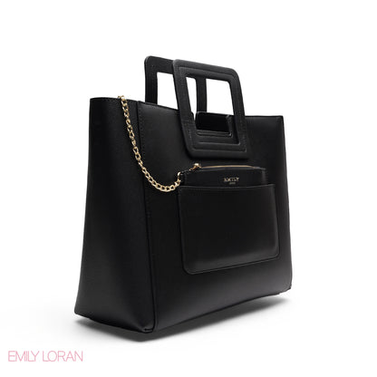 BLACK TEXTURED LEATHER TOTE AND POUCH BAG