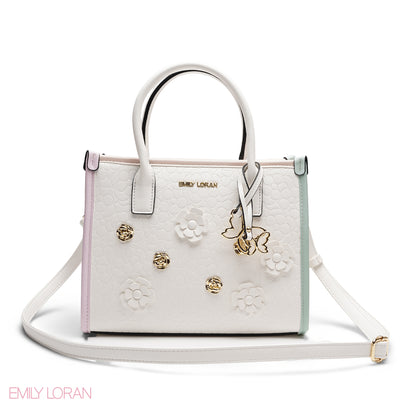 EMBOSSED METALLIC FLORAL TOP HANDLE TOTE BAG - LARGE