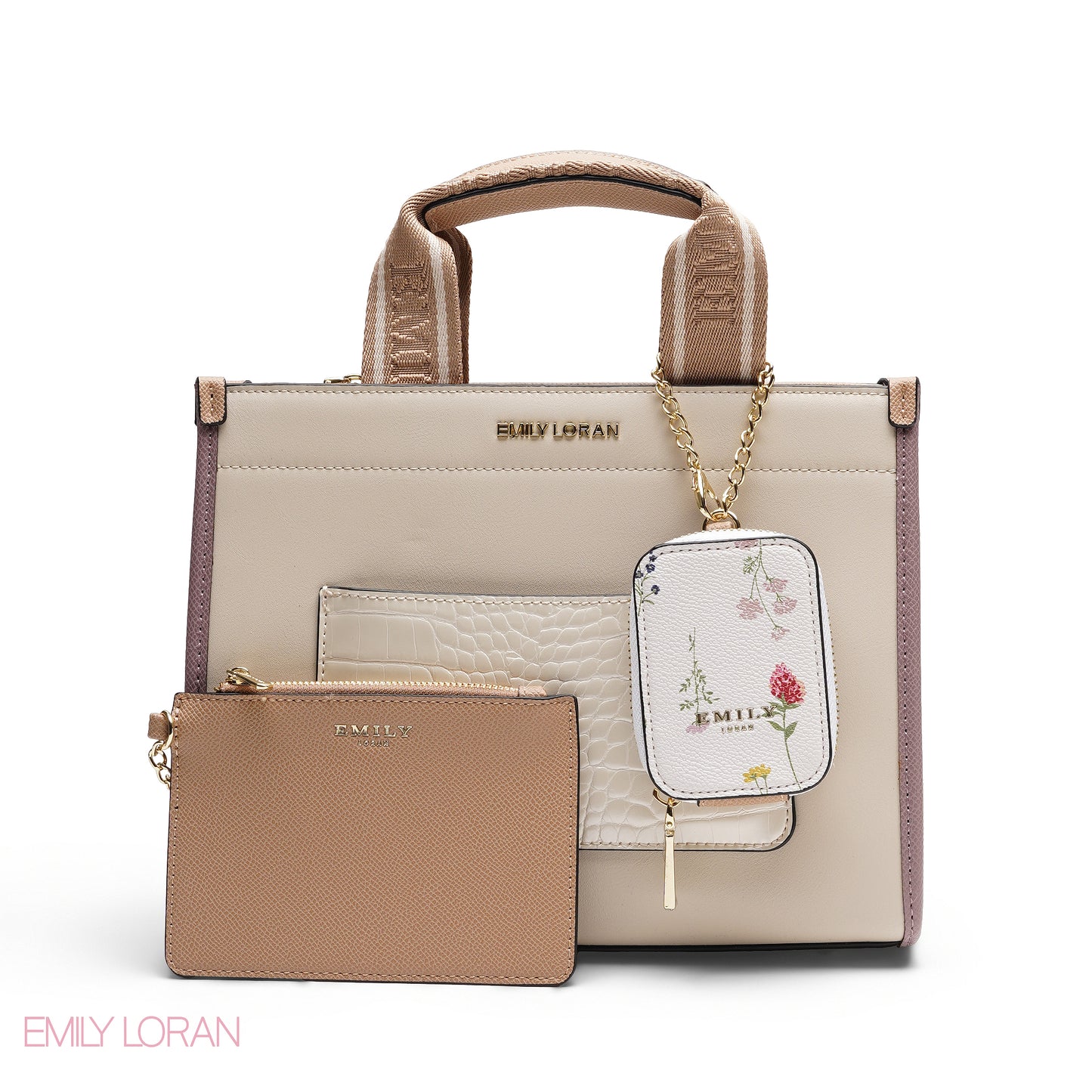 STRUCTURED BAG WITH BRANDED HANDLES AND FLORAL POUCH