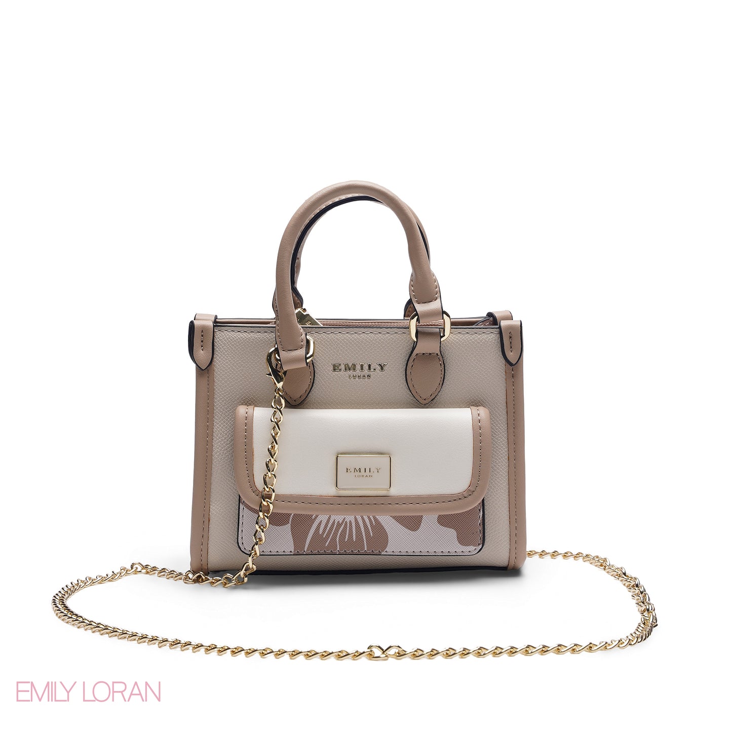 MINI FLORAL BEIGE BAG WITH GOLD METAL STRAP