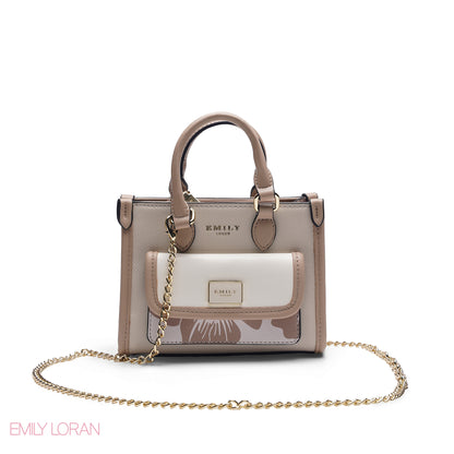 MINI FLORAL BEIGE BAG WITH GOLD METAL STRAP