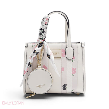 WHITE FLORAL TOTE WITH PINK PRINTS - SMALL