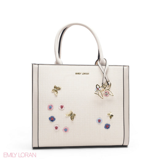 BEIGE SQUARE TOTE WITH FLORAL APPLIQUÉS - LARGE