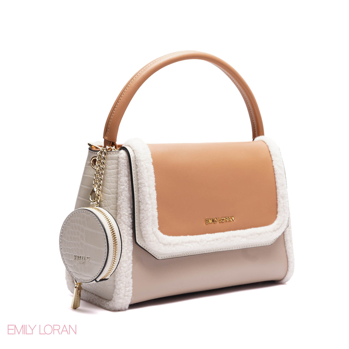 ELEGANT SHERPA TRIM TOP HANDLE BAG WITH CROSSBODY STRAP - MEDIUM