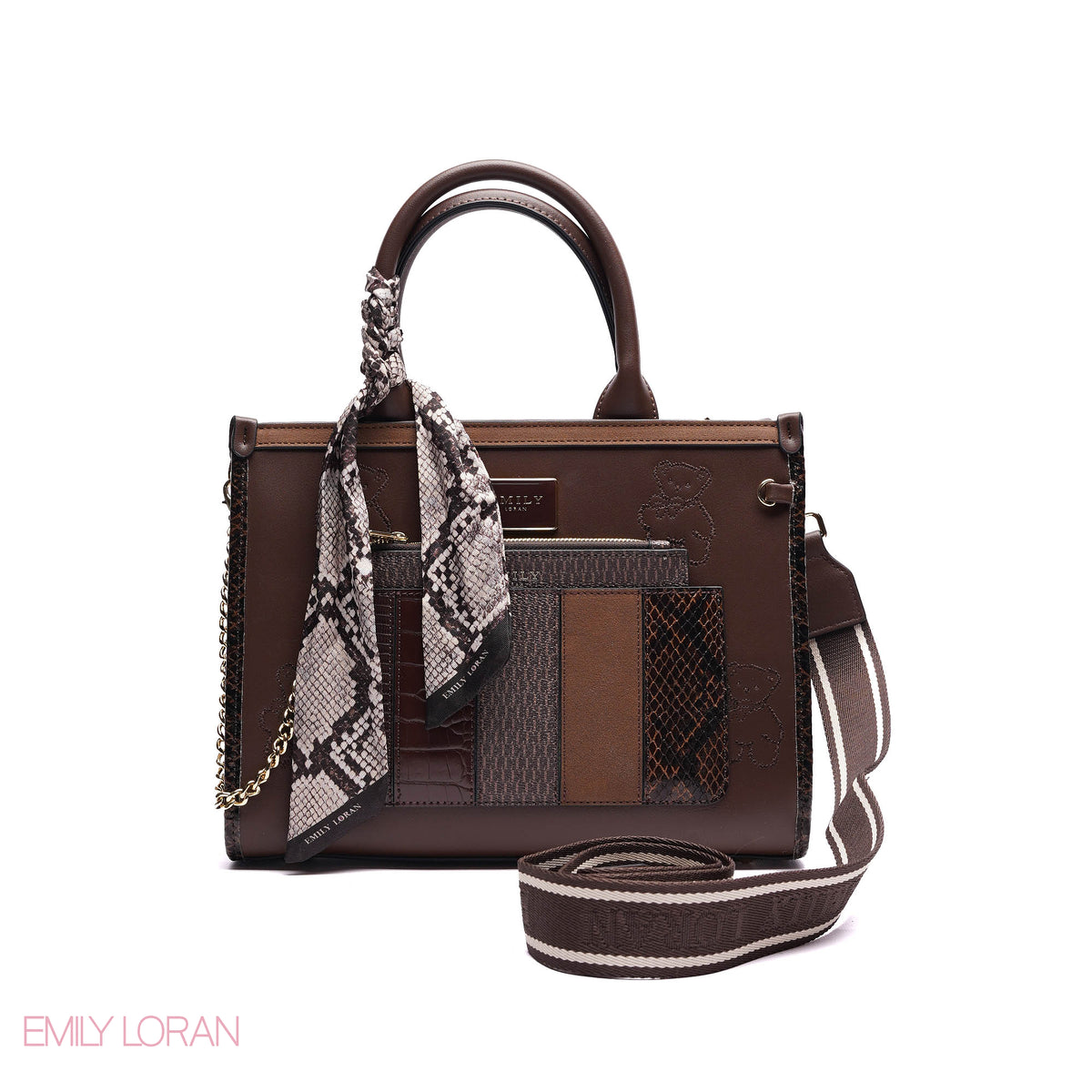 STRUCTURED TOTE BAG ADJUSTABLE SHOULDER STRAP WITH POUCH AND SCARF - MEDIUM