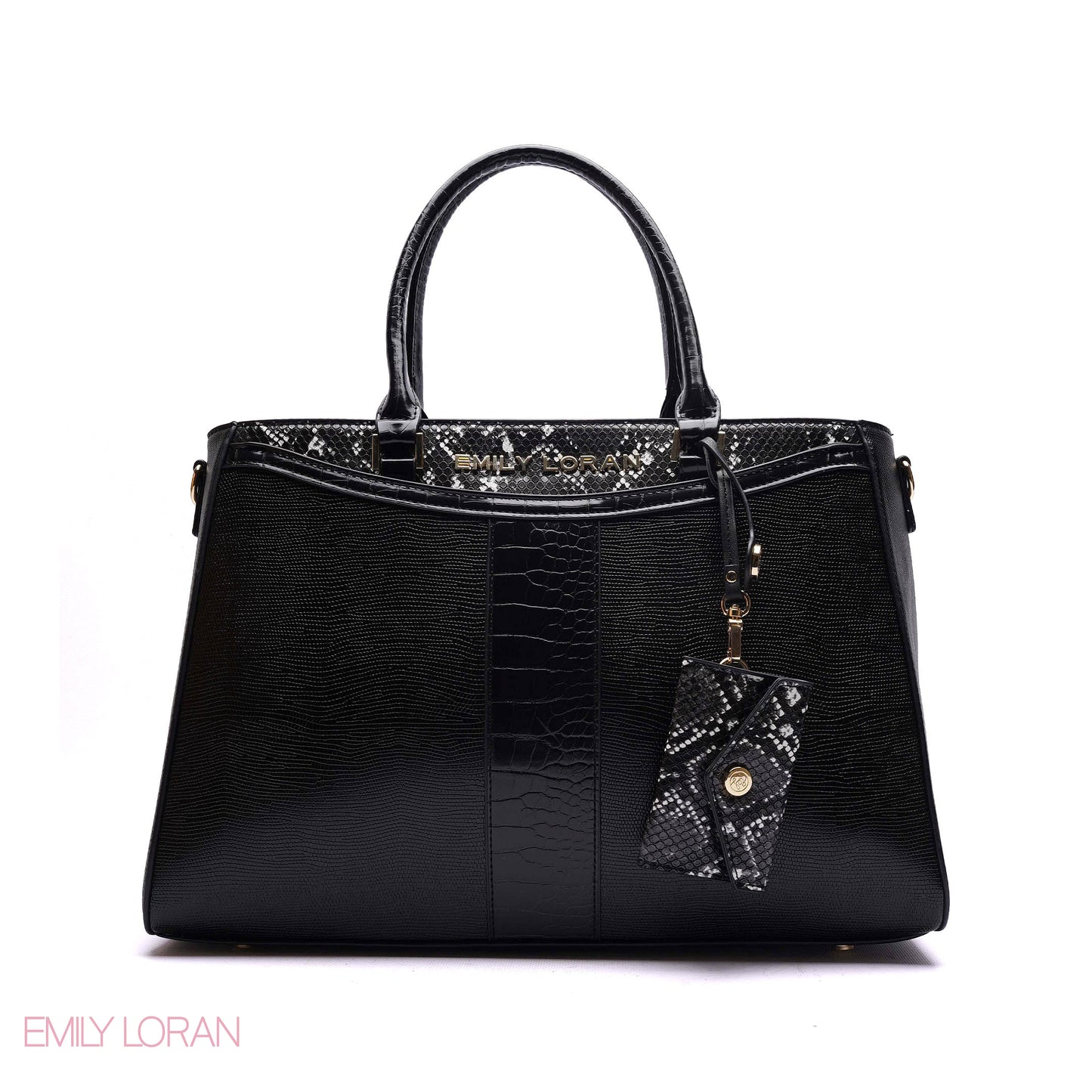 STRUCTURED PANEL TOTE BAG WITH SNAKESKIN TAG