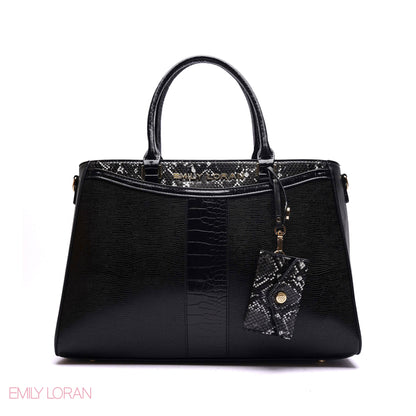 STRUCTURED PANEL TOTE BAG WITH SNAKESKIN TAG
