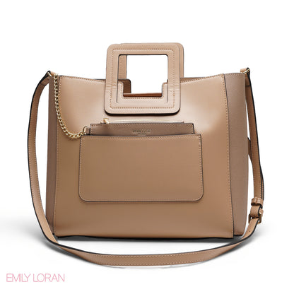 BEIGE TEXTURED LEATHER TOTE AND FLORAL POUCH BAG