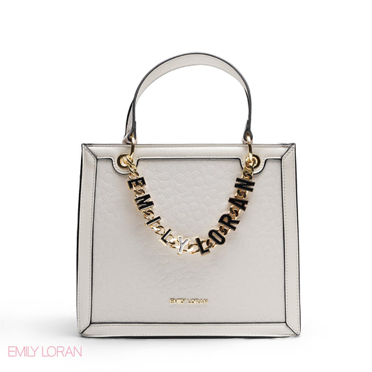 ELEGANT EMBOSSED SQUARE TOTE WITH BRANDED CHAIN BAG