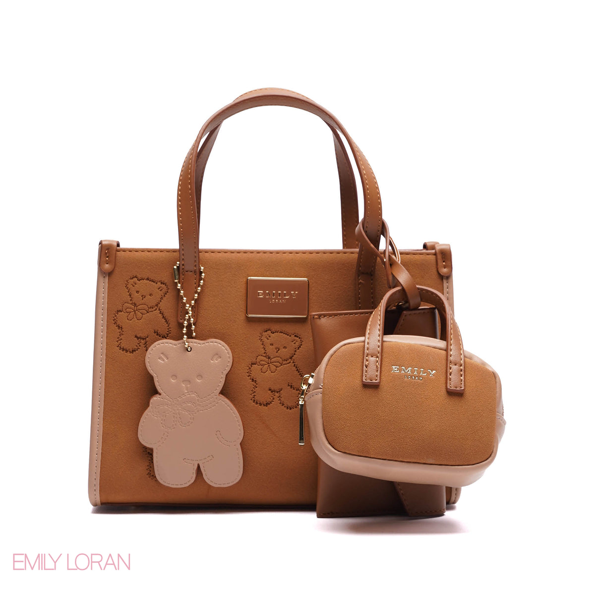 TEDDY BEAR HANDBAG CLOTH WITH SMALL POUCH , MINI WALLET AND TEDDY CHARM - SMALL