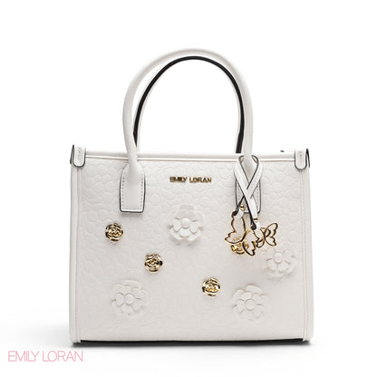 EMBOSSED METALLIC FLORAL TOP HANDLE TOTE BAG - SMALL