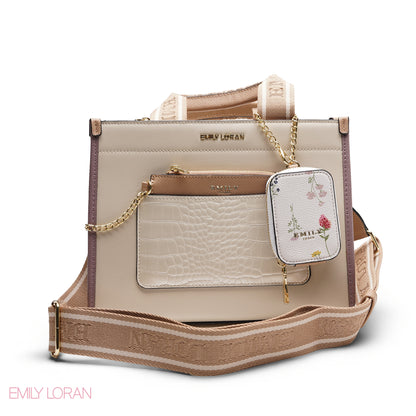 STRUCTURED BAG WITH BRANDED HANDLES AND FLORAL POUCH