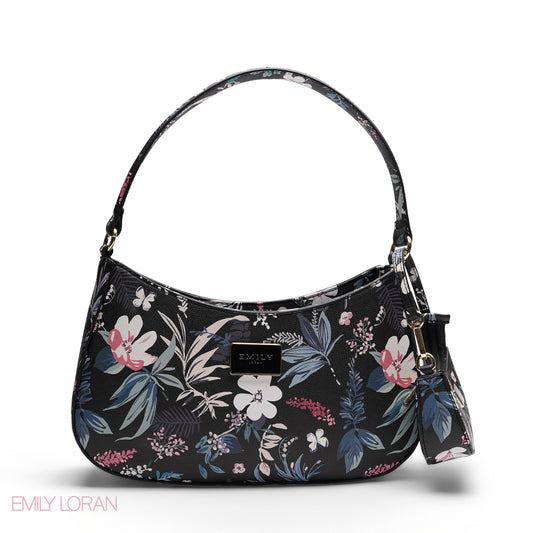 BLACK FLORAL SHOULDER HOBO BAG WITH MINI BAG