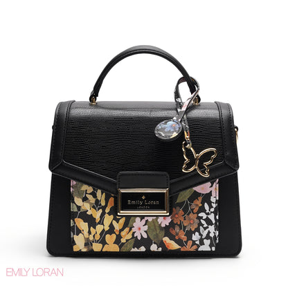 CHIC FLORAL FLAP SATCHEL WITH BUTTERFLY CHARM BAG